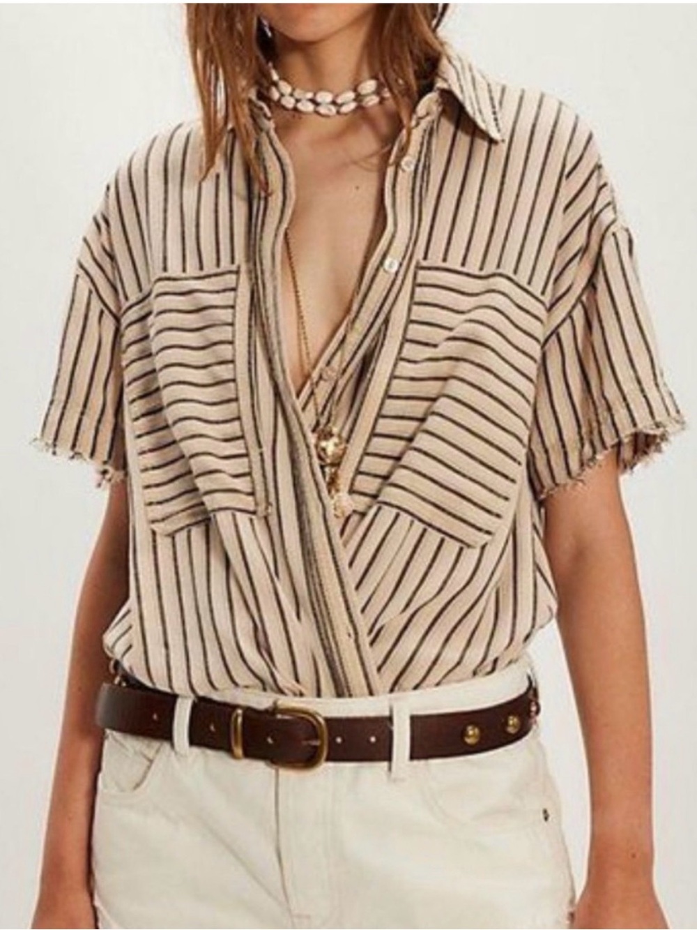 We the Free Christopher
Blouse Tan Black Stripes Buttondown Short Sleeve  SZ M - Picture 3 of 11